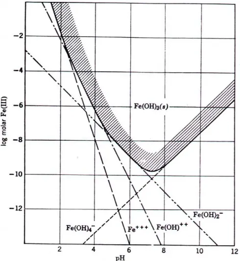 Gambar 5. 2  Pengaruh pH terhadap kelarutan Fe(III) pada temperatur 25oC (diambil dari Fair et al, 1981) 