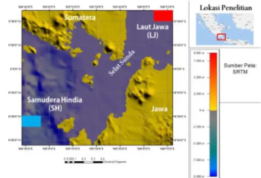 Gambar  1.  Peta  lokasi  penelitian  di  Selat  Sundadan sekitarnya. Kotak merah dan biru-muda  adalah sampling box di sisi LJ, dan di SH