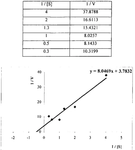 Tabel  3 , Nilai  W o xilanase terhadap 1/[S] pada berbagai variasi nilai konsentrasi  substrat xilan
