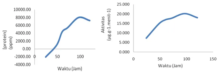 Gambar 3. Grafik kadar protein dan aktivitas pektinase hasil fermentasi pada variasi waktu  fermentasi 