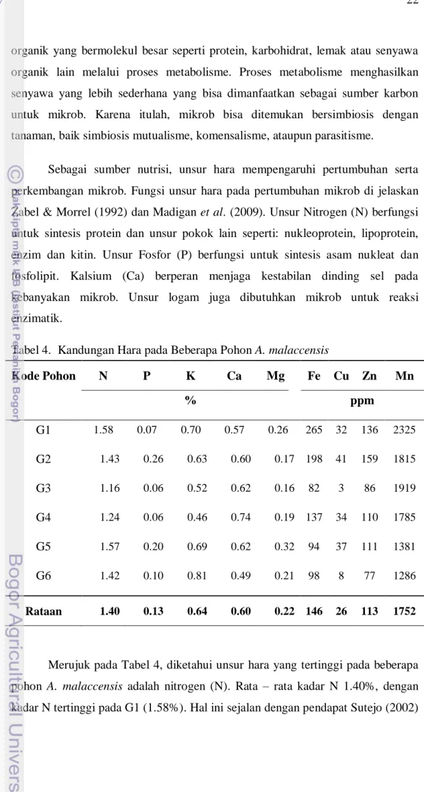 Tabel 4.  Kandungan Hara pada Beberapa Pohon A. malaccensis 
