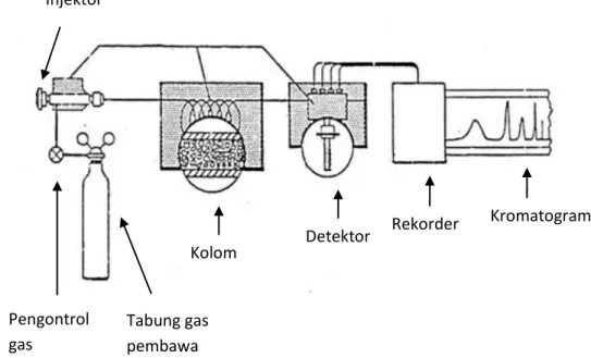 Gambar 7.  Skema alat kromatografi gas Injektor Pengontrol gas gas Tabung gas pembawa gas Kolom gas  Detektor gas  Rekorder gas  Kromatogram gas 