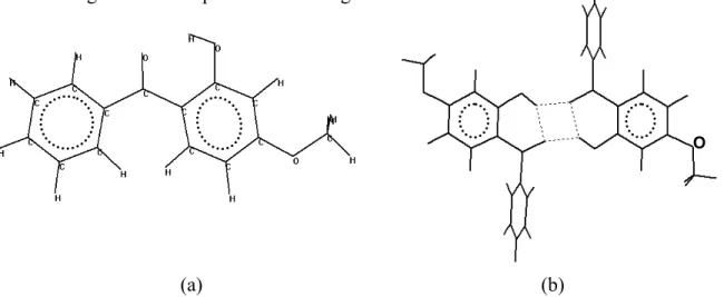 Gambar 3. Struktur oksibenzon dalam keadaan tunggal (a) dan dalam model dimer (b) 