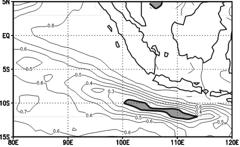 Figure 1.Correlation coefficients of sea surface heightanomalies between the model and the TOPEX/Poseidon forthe period of 1993–2002