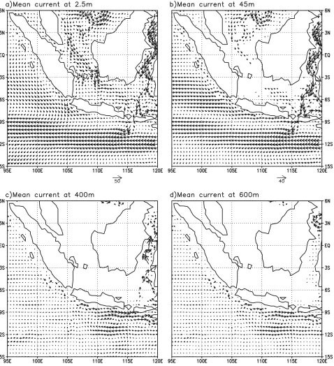 Figure 4.Mean currents (cm/s) in the southeastern tropical Indian Ocean at (a) 2.5 m, (b) 45 m, (c) 400 m,and (d) 600 m.