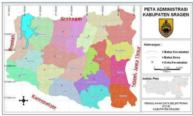 Gambar 3.1 Peta administratif Kabupaten Sragen Sumber : PDE Kabupaten Sragen 