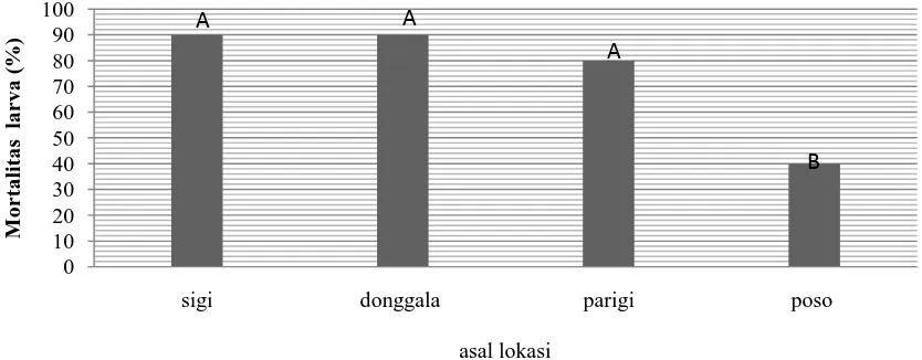 Gambar 2. Histogram Jumlah Konidia Isolat Beauveria spp. Saat 12 HSI. Huruf yang Sama pada Ujung Balok Tidak Berbeda Nyata pada Taraf  t 5% 