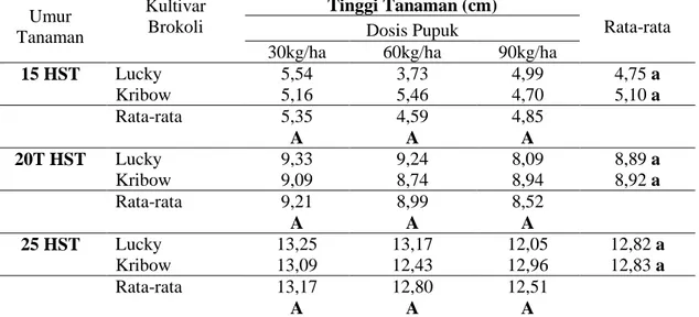 Tabel  1  di  bawah  ini  menunjukkan  bahwa  percobaan  pemupukan  NPK  tidak  berpengaruh nyata terhadap tinggi tanaman umur 15, 20, dan 25 hari setelah tanam