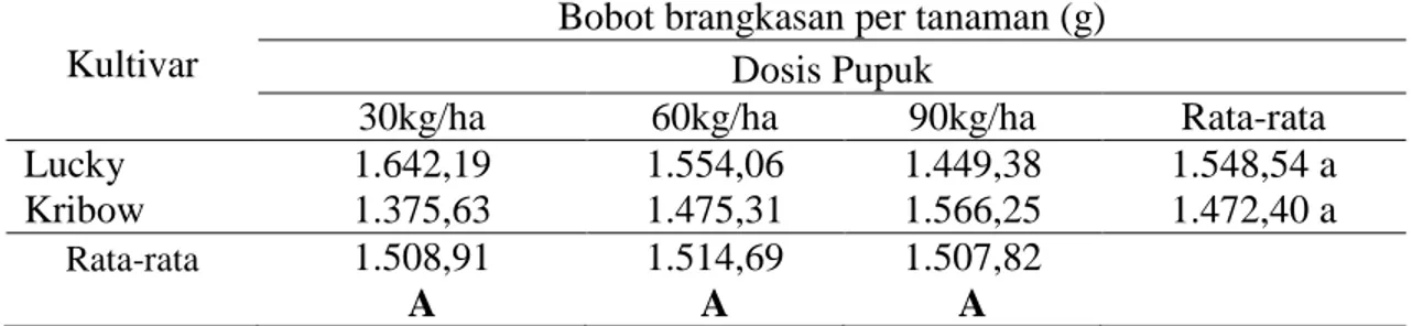 Tabel  3.  Pengaruh  Dosis  Pupuk  NPK  dan  Kultivar  Brokoli  Lucky  dan  Kribow  terhadap  rata-rata Bobot Brangkasan per Tanaman (g) 