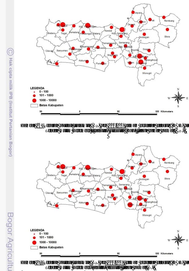 Gambar  16    Sebaran  potensi  transmisi  (TP,  per  100.000)  demam  berdarah  dengue  (DBD)  Jawa  Tengah musim Desember – Januari- Februari (DJF)  tahun bawah normal (BN)