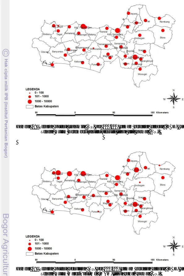 Gambar  18    Sebaran  potensi  transmisi  (TP,  per  100.000) demam  berdarah  dengue  (DBD)    Jawa  Tengah musim Desember-Januari-Februari tahun atas normal (AN)