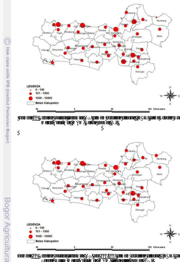 Gambar 21   Sebaran potensi transmisi (TP,  per  100.000) demam  berdarah dengue  (DBD)   Jawa  Tengah musim Maret-April-Mei (MAM) tahun atas normal (AN)
