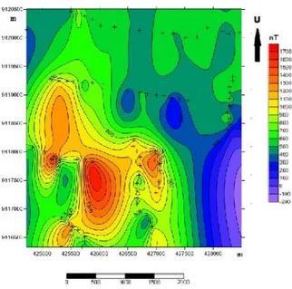 Gambar 3. (color online) Kontur Anomali Medan Magnet Total Hasil Reduksi Ke Kutub