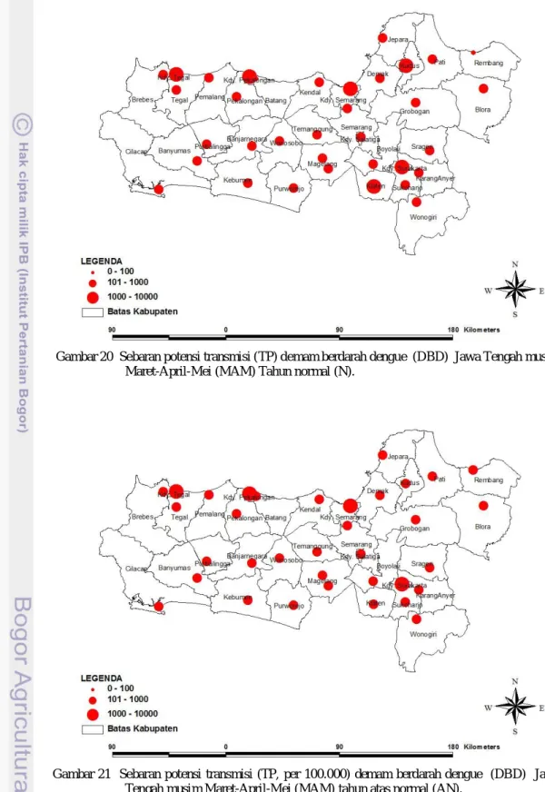 Gambar 21   Sebaran potensi transmisi (TP,  per  100.000) demam  berdarah dengue  (DBD)   Jawa  Tengah musim Maret-April-Mei (MAM) tahun atas normal (AN)