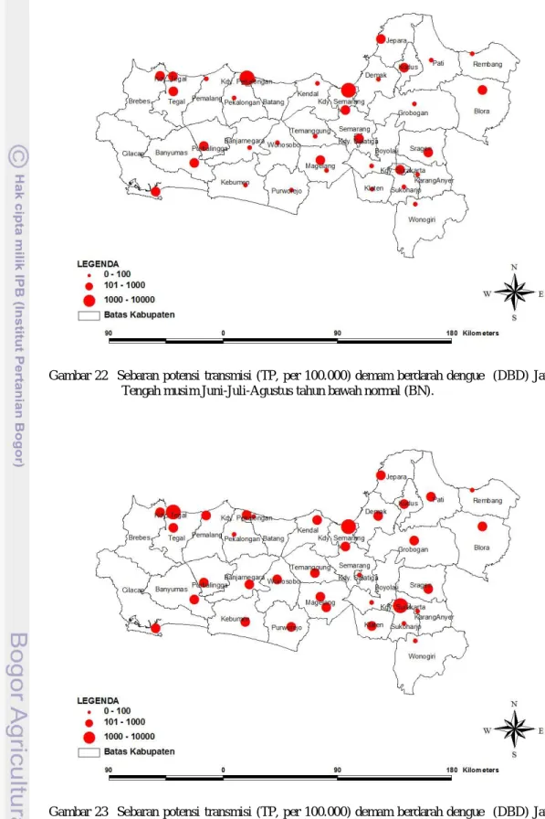 Gambar  22    Sebaran  potensi  transmisi  (TP,  per  100.000) demam  berdarah  dengue    (DBD)  Jawa  Tengah musim Juni-Juli-Agustus tahun bawah normal (BN)