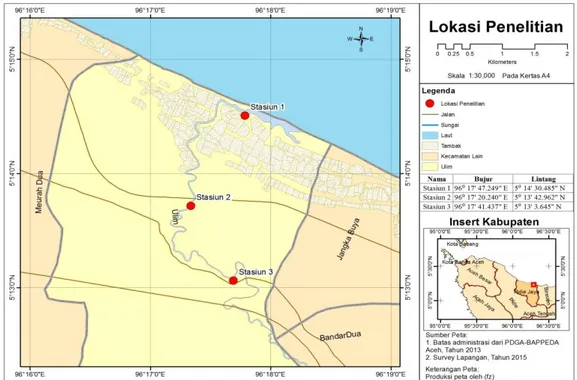 Gambar 1. Peta sebagian wilayah Kecamatan Ulim yang menunjukkan lokasi penelitian  (bulatan merah) 