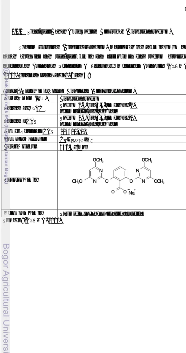 Tabel 1. Sifat Kimia Sodium Bispiribak (Bispyribac sodium) Nama Umum (ISO) Bispyribac sodium