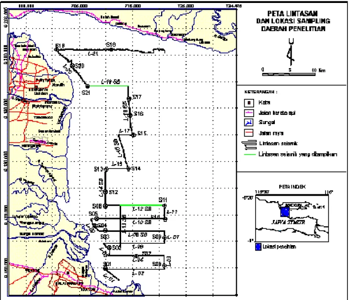 Gambar 4. Peta lintasan dan lokasi percontoh sedimen (Astawa drr., 2010)