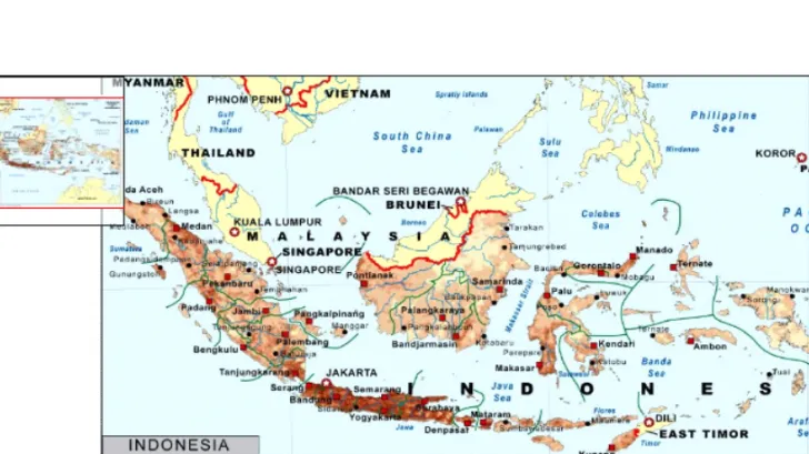 Gambar 1. Wilayah Indonesia dengan pembagian daerah-daerah Provinsi, tampak juga sistem sungai-sungai besar di daratan Kalimantan, Sumatera dan Papua yang berpotensi untuk terdapatnya gas biogenik di pesisir deltanya