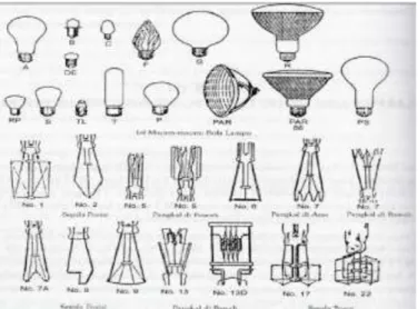 Gambar 2.4. Berbagai bentuk standar bola lampu dan filamen pijar.  b.   Lampu Tabung Flouresent (TL) 