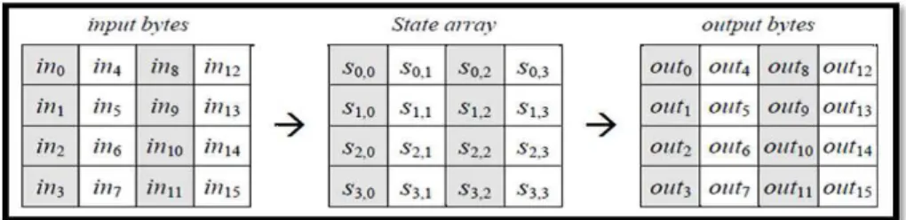Gambar 1 Proses Input Bytes, State Array, dan Output Bytes [9] 