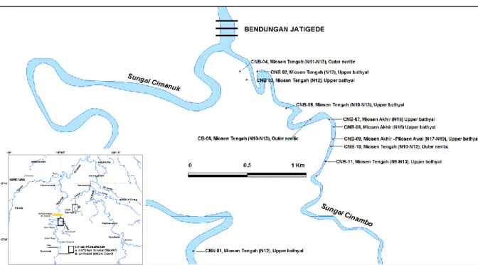 Gambar 5. Lokasi pengamatan dan pengambilan conto batuan di sungai Cinambo 