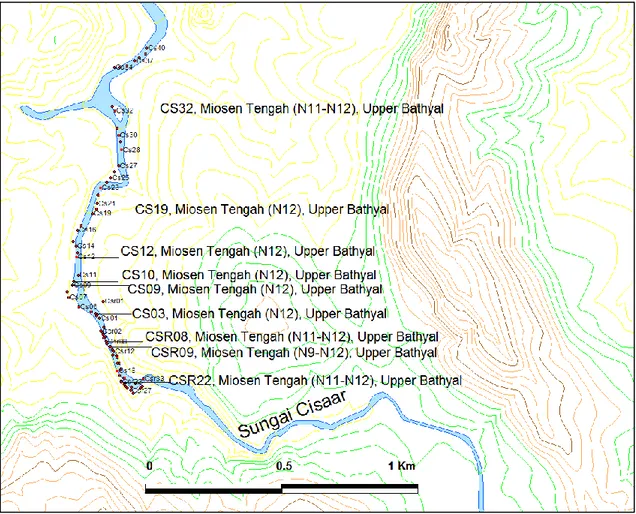 Gambar 6. Lokasi pengamatan dan pengambilan conto batuan di Sungai Cisaar 