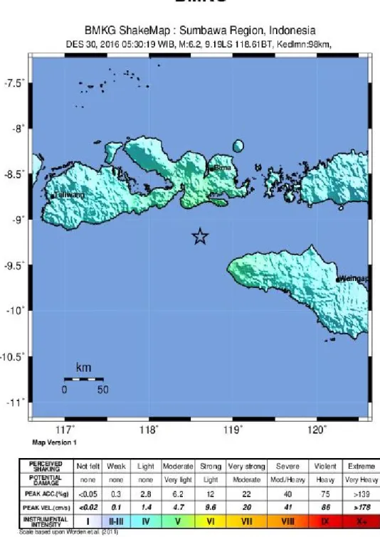 Gambar 5. Shakemap Gempabumi Barat Laut Sumba Barat Daya  30  Desember 2016  jam 05:30:19 WIB dalam Skala MMI 