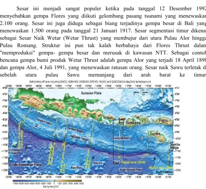 Gambar 1. Peta bathymetri dari Jawa dan Nusa tenggara ( Sumber: peta batimetri)  Wilayah  Kepulauan  Nusa  Tenggara Timur merupakan  bagian  dari  kerangka  sistem  tektonik  Indonesia