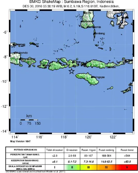 Gambar 4. Shakemap Gempabumi Barat Laut Sumba Barat Daya  30  Desember 2016  jam 05:30:19 WIB dalam SIG BMKG 