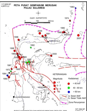 Gambar  2. Peta sebaran pusat gempabumi merusak dan tahun kejadian di Pulau  Sulawesi (modifikasi dari Supartoyo dan Surono,2008)