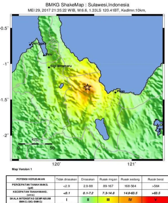 Gambar 6. Shakemap Gempabumi Barat Laut Poso tanggal 29 Mei 2017 jam 21:35:22  WIB  dalam SIG BMKG 