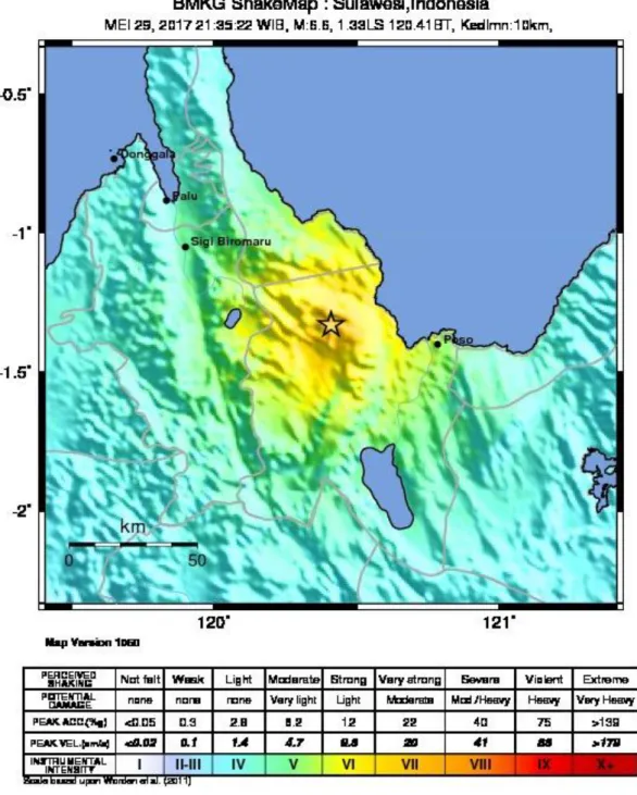 Gambar 7. Shakemap Gempabumi Barat Laut Poso tanggal 29 Mei 2017 jam 21:35:22  WIB  dalam MMI 