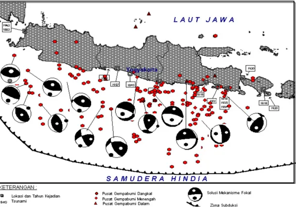 Gambar 2. Peta sebaran gempabumi, solusi mekanisme Fokal dan lokasi kejadian Tsunami (sumber: 