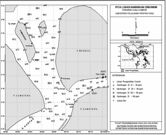 Gambar 1. Peta lokasi kandungan Zirconium di perairan Kuala Kampar, Riau. 