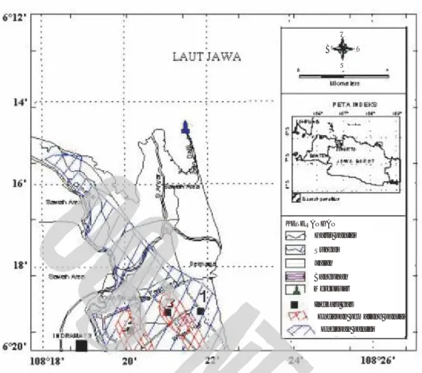 Gambar 8. Peta indikasi gas biogeneik di pesisir Indramayu. Tampak pula endapan pematang pantai dan endapan pantai (Achdan dan  Sudana, 1992).