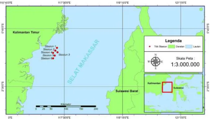Gambar 1.  Stasiun pengambilan sampel sedimen dan foraminifera di perairan lepas pantai                       Balikpapan, Selat Makassar