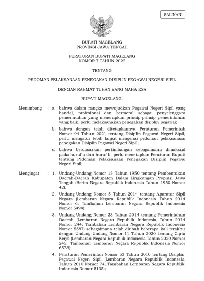 BUPATI MAGELANG PROVINSI JAWA TENGAH PERATURAN BUPATI MAGELANG NOMOR 7 ...