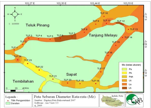 Gambar 4. Peta  sebaran  nilai  mean  size  (Mz)  sedimen  permukaan  dasar  muara  sungai Indragiri 
