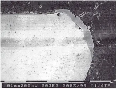 Figure 7: Delamination of coating and adherent of work  material on Tool B after face milling for 5 seconds  at 55 m/min