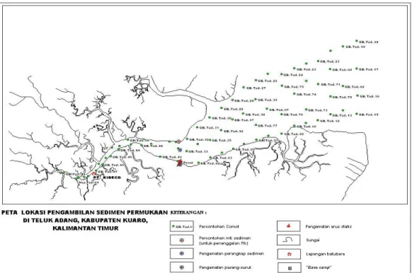 Gambar  2. Peta lokasi contoh-contoh sedimen Sungai Kuaro dan Teluk Adang, peta juga  memperlihatkan lokasi-lokasi pengukuran pasut, arus dan perangkap sedimen.