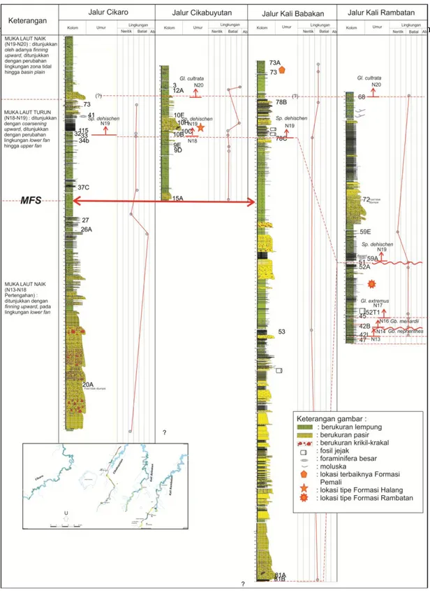 Gambar  3.  Tiga  perubahan  muka  air  laut  berdasarkan  data  korelasi  pengukuran  stratigrafi  di  daerah  Cikaro,                      Cikabuyutan, Kali Babakan dan Kali Rambatan, dan berdasarkan hasil analisis paleontologi 