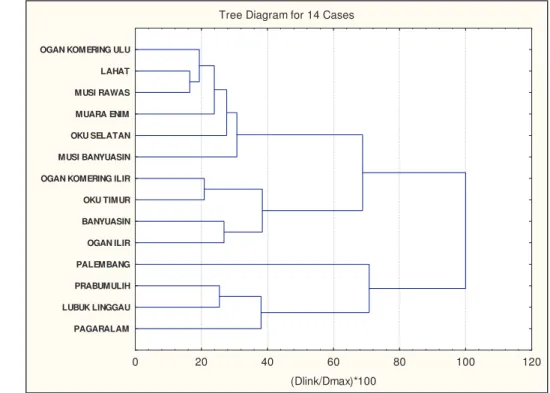 Gambar 8.  Hasil Analisis Klaster (tree clustering) dengan Kota Palembang. 