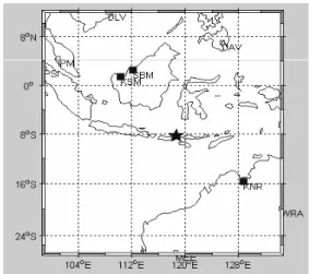 Gambar 5.  Posisi stasiun dan gempa Sumbawa  8 Nopember 2009 