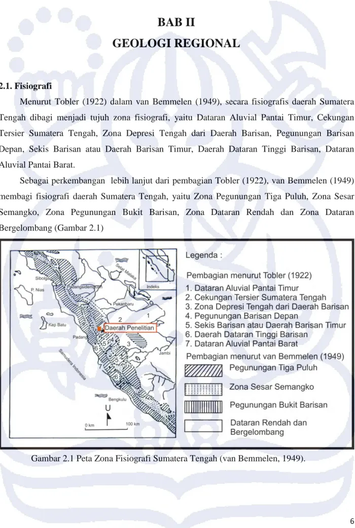 Gambar 2.1 Peta Zona Fisiografi Sumatera Tengah (van Bemmelen, 1949). 