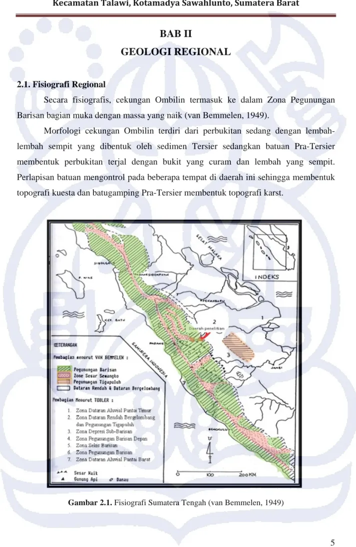 Gambar 2.1. Fisiografi Sumatera Tengah (van Bemmelen, 1949) 