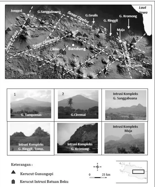 Gambar 1. Pola struktur sesar mengontrol sebaran intrusi batuan beku                   dan pusat erupsi gunungapi aktif  (Haryanto, 2014)