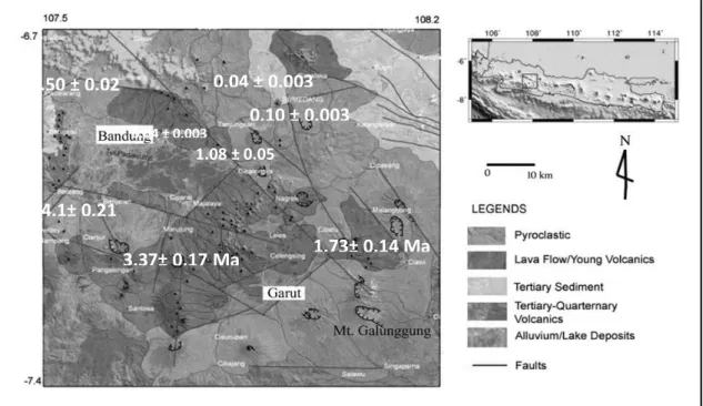 Gambar 2.  Pola sesar mengontrol sebaran umur batuan volkanik di daerah                       Bandung-Garut (Source : Smith and Sandwell, 1997 dalam Handayani                    et al., 2013: dimodifikasi) 4.1± 0.21 Ma 3.37± 0.17 Ma  1.73± 0.14 Ma 0.50 ± 0
