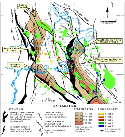 Gambar  II.2.  Peta  jalur  migrasi  dari  beberapa  lapangan  minyak  yang  ditemukan  pada  Cekungan  Sumatera Tengah  (Yarmanto,  Aulia,  K.,  Mertani,  B.,  Heidrick,  T.L., 1996)