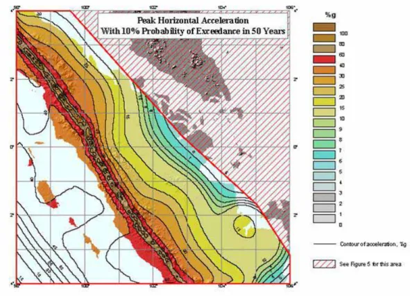 Gambar 4.9.  Peta probabilistic tingkat bahaya goncangan gempa di Sumatra untuk untuk “10% 